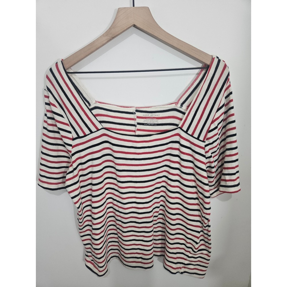 Lane Bryant Red Navy White Striped Square Neck Ribbed Top Plus Size 18/20
